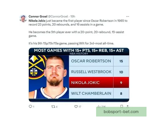 约基奇三项数据创历史新纪录 背靠背接近场均三双助攻成关键